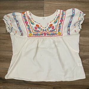 THML White Embroidered Boho Peasant Top with Colorful Floral Trim